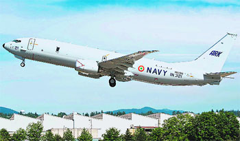 The Indian Navys US-made Boeing P-8I maritime surveillance aircraft.