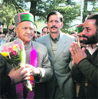 State Congress chief Virbhadra Singh meets supporters at his residence Holly Lodge in Shimla on Sunday. 