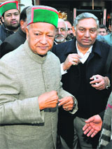 Virbhadra Singh with Janardhan Dwivedi in Shimla on Sunday.