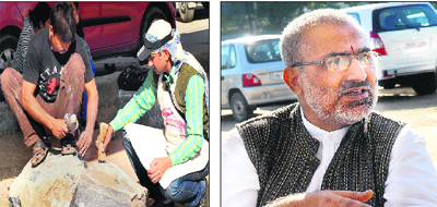 Sculptors work to design a sculpture from a rock during a 10-day workshop organised by Lalit Kala Akademi in Jalandhar and (right); sculptor Rajinder Tiku. 