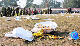 Garbage littered in the stadium after the event.