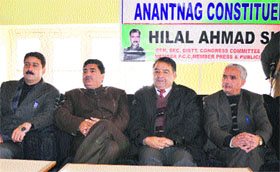 Newly elected Congress MLC Ghulam Nabi Monga and senior Congress leaders address panchayat members in Anantnag on Sunday.