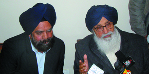 CM Parkash Singh Badal addresses the media in Abohar on Monday. Also in the picture is Balluana MLA Gurtej Singh.