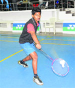 A player in action during the ongoing Smt Krishna Khaitan All-India Junior Prize Money Ranking Badminton Tournament at Badminton Hall, Panjab University, on Monday.
