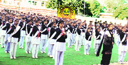Students of Government Model Senior Secondary School, Karsan, take part in the annual sports meet.