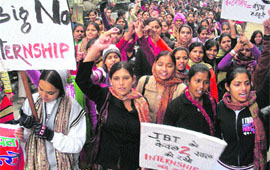 Diploma in Education trainees take out a protest march in Sonepat on Monday. 
