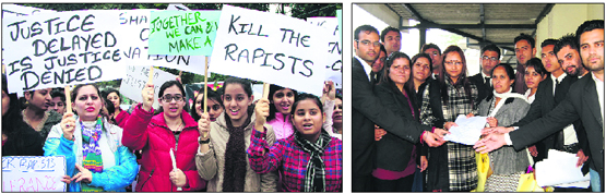 Residents hold a candlelight march against the Delhi gang-rape; and (right) a group of advocates submits a memorandum to SDM Isha Kalia in Jalandhar on Monday.