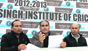 Coach Davinder Arora (centre) and other officials during the launch of triangular series at Jalandhar on Monday. 