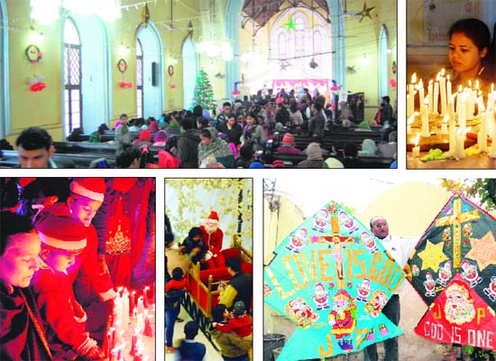 (Clockwise from top left) Christians offer prayers at a church. Children light candles at St Paul's Church. Kitemaker shows his creations to wishes Merry Christmas and children spend time with a man dresses as Santa Claus at a prominent mall in Amritsar on Tuesday