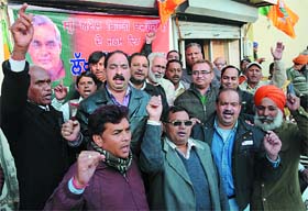 BJP workers celebrate the birthday of former Prime Minister Atal Bihari Vajpayee, in Bathinda on Tuesday