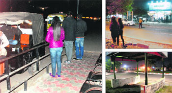 (Clockwise from left): No PCR vehicle in view as a girl waits at the Sector 5 bus stop; girls pass a liquor vend in Sector 8; and at a shed made for the parking of PCR vehicles on the road separating Sectors 2 and 5 in Panchkula. 