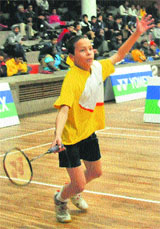 A player in action during the 22nd Smt Krishna Khaitan All-India Junior Ranking Badminton Championship at the PU in Chandigarh on Tuesday.