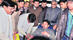 BJP legislator Madan Kaushik donates blood at a camp organised by the BJP division wing on the occasion of former PM Atal Bihari Vajpayees 88th birthday in Haridwar on Tuesday. 