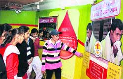 School students inside the Red Ribbon Express which arrived at the Jalandhar railway station on Tuesday