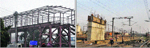 The incomplete new foot overbridge at the Ludhiana railway station; and (right) the work on the Lakkar Bridge flyover is yet to be completed.