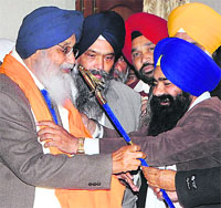 Chief Minister Parkash Singh Badal being felicitated at Gurdwara Fatehgarh Sahib on Tuesday. 