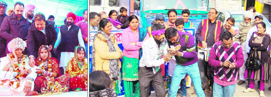 MLA OP Soni blesses newlywed couples at a mass wedding organised by Nirmal Sewa Society in Amritsar on Wednesday; (right) Play on: Artiste stage a play during an AIDS awareness rally in Amritsar on Wednesday.