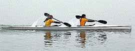 Rowers in action during the All-India Inter-University Rowing Championship held at the Sukhna Lake in Chandigarh on Wednesday
