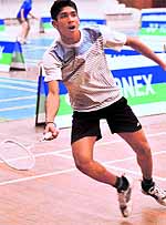 Shubham in action during a badminton match at Panjab University in Chandigarh on Wednesday