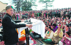 Chief Minister Virbhadra Singh addresses employees at the Secretariat in Shimla on Wednesday. Tribune photo: Amit Kanwar
