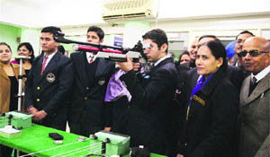 Ace shooter Abhinav Bindra (third from right) at the Kundan Vidya Mandir School shooting range in Ludhiana on Wednesday. 