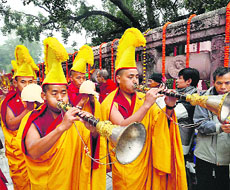 Monks at the 30th Kagyu Monlam prayers in Bodh Gaya on Wednesday. 
