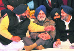 Deputy Chief Minister Sukhbir Badal with SAD leaders at Fatehgarh Sahib on Wednesday.