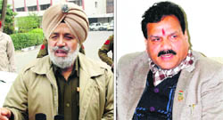 Preet Paul Singh Virk, SSP (Rural); and (right) Rajkumar Verka, Vice-Chairman of the National SC/ST Commission address mediapersons in Amritsar on Thursday. 