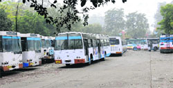 With the date for renewal of registration having expired, CTU buses lie parked at a workshop in Chandigarh. Tribune photo: Manoj Mahajan