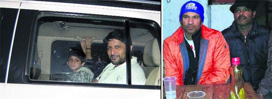 Bollywood actor Arshad Warsi reaches Mussoorie with his family; and (right) Sachin Tendulkar waits to be served at a restaurant at Char Dukan in Mussoorie on Thursday