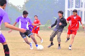Players in action in the Inter-School Football Championship in Haridwar on Thursday