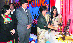 Dr Shamim Sharma, managing director of the JCD Vidyapeeth lighting a lamp to inaugurate the freshers party in JCDM College of Engineering at Sirsa. Photo: Sushil Manav