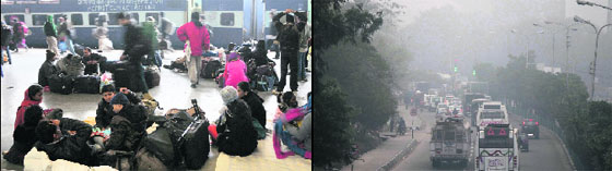 Passengers wait at the railway station as several trains were delayed; (right) vehicles move at a snails pace in Jammu on Thursday. 