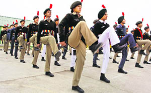 Cadets from the region, selected to attend the Republic Day camp in Delhi, during a drill at the NCC Academy in Ropar on Thursday. 