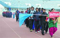 The Chhatisgarh team takes part in a march past during the opening ceremony of the 63rd Senior National Basketball Championship that began at Guru Nanak Stadium in Ludhiana on Friday. Photo: Inderjeet Verma 