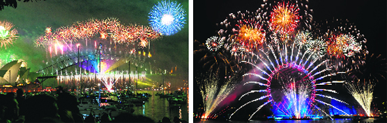 At the stroke of midnight, firecrackers light up the sky above the Sydney Harbour (L) and As the witching hour strikes, there will be a stunning display of pyrotechnics near the London Eye on the south bank of River Thames