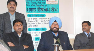 Mayor Baljit Singh Bir Behman (centre) interacts with the doctors at the two-day health check-up camp organised at the Max Super Speciality Hospital in Bathinda