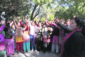 Women members of various voluntary organisations hold a protest at Gandhi Park in Dehradun on Saturday against the death of the Delhi rape victim
