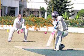A player in action during a match in the 61st Dehradun District Cricket League in Dehradun on Saturday