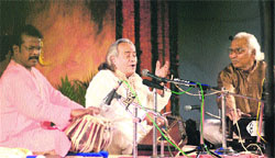 Vocalist Pt Chhanu Lal Mishra performs during the 137th Shree Baba Harivallabh Sangeet Sammlan in Jalandhar on Friday. Tribune photo: Malkiat Singh