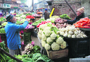 Its business as usual for a vegetable seller during rain in Srinagar on Saturday. Tribune photo: Mohd Amir War