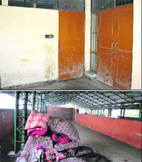 The locked temporary night shelter in the zila parishad building near Clock Tower; and quilts at the night shelter opposite the MC's Zone A office in Ludhiana.