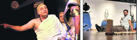 Bollywood actor Manoj Joshi stages a play Chanakya at Guru Nanak Bhawan; and (left) Harminder Boparai showcases his work during an art exhibition in Ludhiana. 