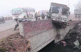 Fog effect: A truck meets with an accident due to a heavy fog in Amritsar on Sunday