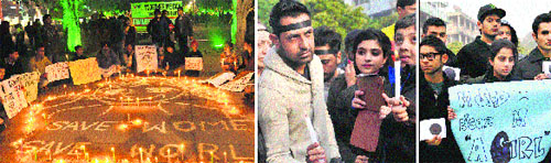 People pay tributes to the Delhi gang rape victim at Sector 17, Chandigarh, on Sunday. Tribune photo: Vicky Gharu (middle) Punjabi singer Gippy Grewal and other artistes protest at Sector 17, Chandigarh, on Sunday. Tribune photo: Pradeep Tewari (left) Students pay homage to the victim at Sector 17