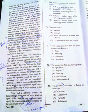 Grammatical mistakes pointed out by students in the question paper of the UGC NET examination held in Kurukshetra on Sunday. 