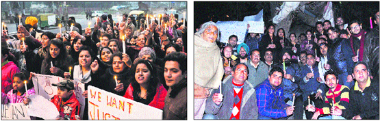Participants at a candlelight walk organised at the Friends Colony area; and (right) residents mourn the death of Delhi gang-rape victim at 120 Footi Road in Jalandhar.