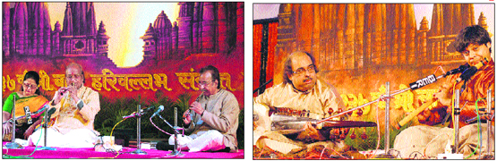 Shehnai and sundri artistes Suryakant Khaladkar and Sharad B Khaladkar; and (right) Shashank Subbu and Tejendra Narayan Majumdar perform at Harivallabh Sangeet Sammelan in Jalandhar.