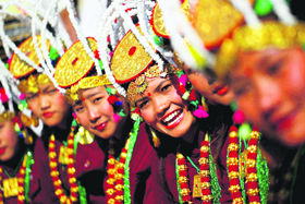 Nepalese Gurung community women in traditional attire dance during Tamu Loshar in Kathmandu on Sunday. Tamu Loshar is the New Year of the Gurungs, an indigenous community who also call themselves "Tamu."
