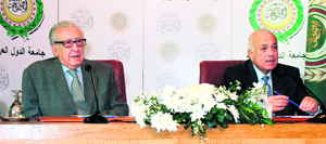 Arab League General Secretary Nabil al-Arabi (R) and UN-Arab League peace envoy Lakhdar Brahimi at a press conference after their meeting in Cairo on Sunday.